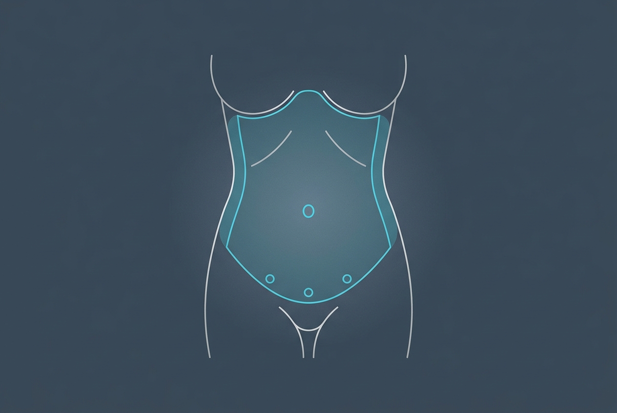 Schema degli accessi soprapubici della MILA e dell'area di scollamento preaponeurotico dal pube allo xifoide, con scollamento laterale limitato